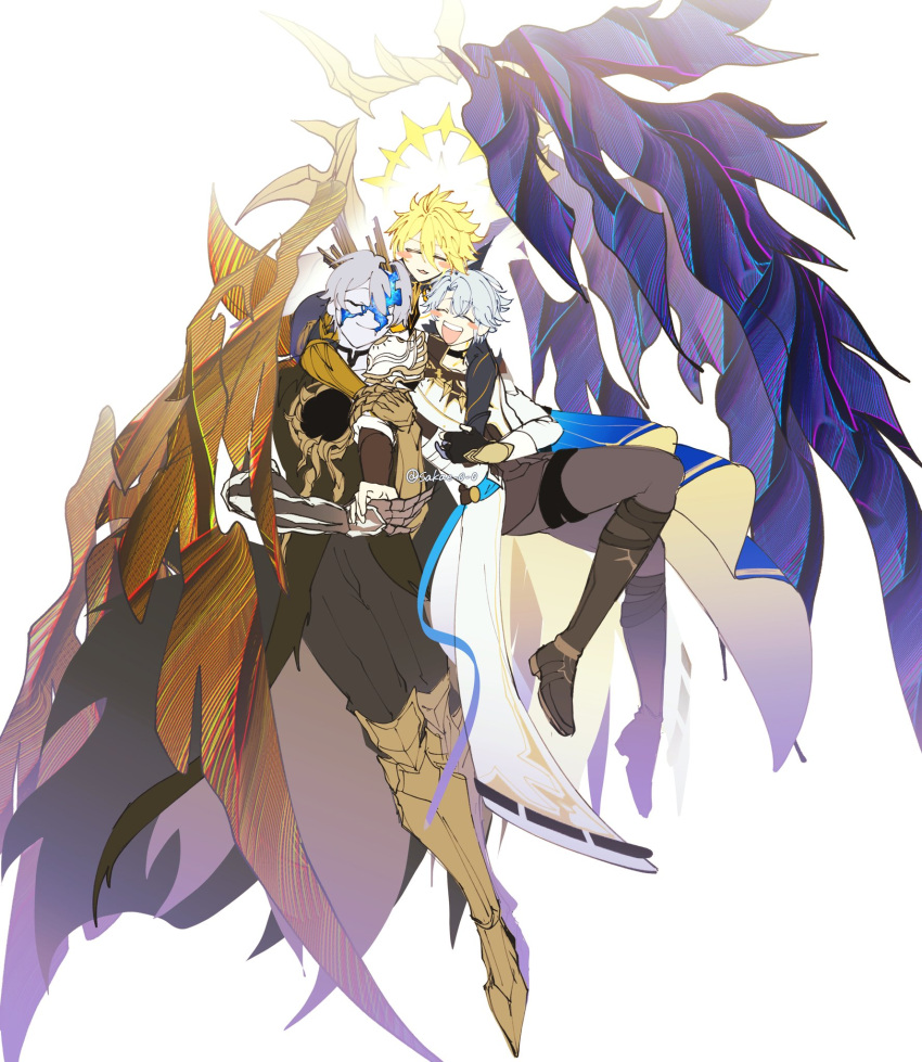 3boys ^_^ antenna_hair armor armored_boots artist_name asymmetrical_wings black_boots black_choker black_gloves black_pants black_robe black_shirt blonde_hair blue_cape blush_stickers boots cape choker closed_eyes closed_mouth coat collared_shirt cracked_skin crossed_bangs fingerless_gloves flying full_body gauntlets gloves grey_hair grey_pants hair_between_eyes halo halo_behind_head high_collar highres holding_another's_wrist honkai:_star_rail honkai_(series) hooded_robe hug hug_from_behind long_hair_between_eyes long_sleeves male_focus multiple_boys multiple_persona neck_tattoo open_mouth pale_skin pants pauldrons phainon_(flame_reaver)_(honkai:_star_rail) phainon_(honkai:_star_rail) phainon_(khaslana)_(honkai:_star_rail) robe sakae_0_0 shirt short_hair shoulder_armor simple_background single_gauntlet single_pauldron smile sun_symbol sun_tattoo tattoo teeth thigh_strap white_background white_coat wings yellow_halo