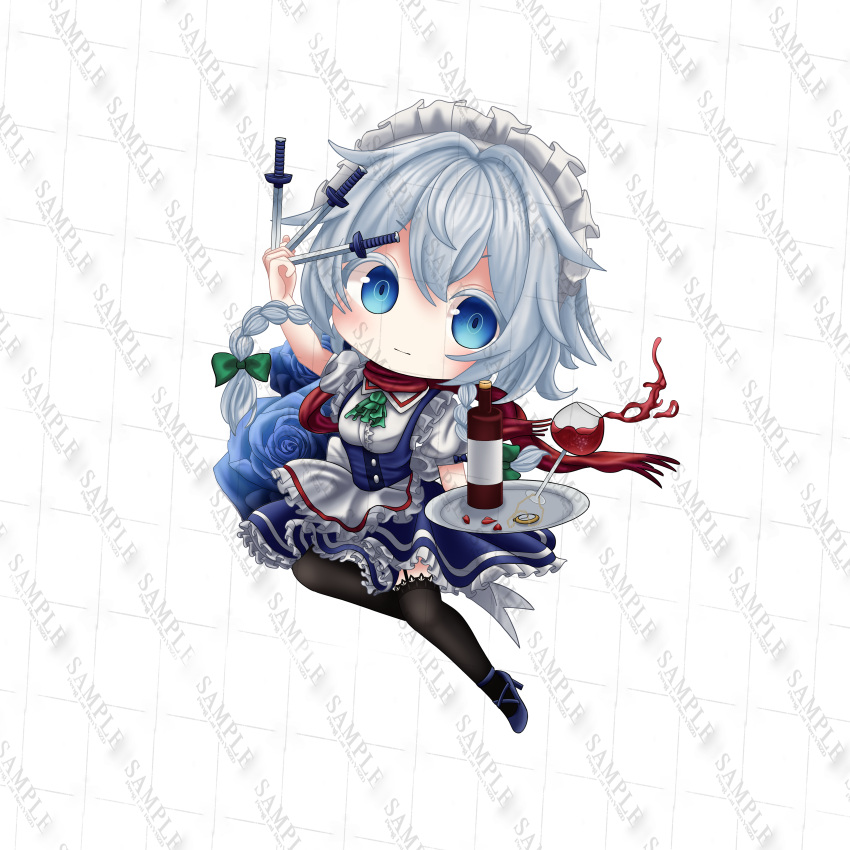 1girl absurdres alcohol black_shoes black_thighhighs blue_eyes blush braid chibi chibi_only closed_mouth commentary_request cup double-parted_bangs drinking_glass full_body grey_hair hair_between_eyes highres holding holding_knife holding_tray izayoi_sakuya knife liefeng_dm looking_at_viewer sample_watermark shoes short_hair simple_background solo standing standing_on_one_leg thigh-highs touhou tray twin_braids watermark white_background wine wine_glass