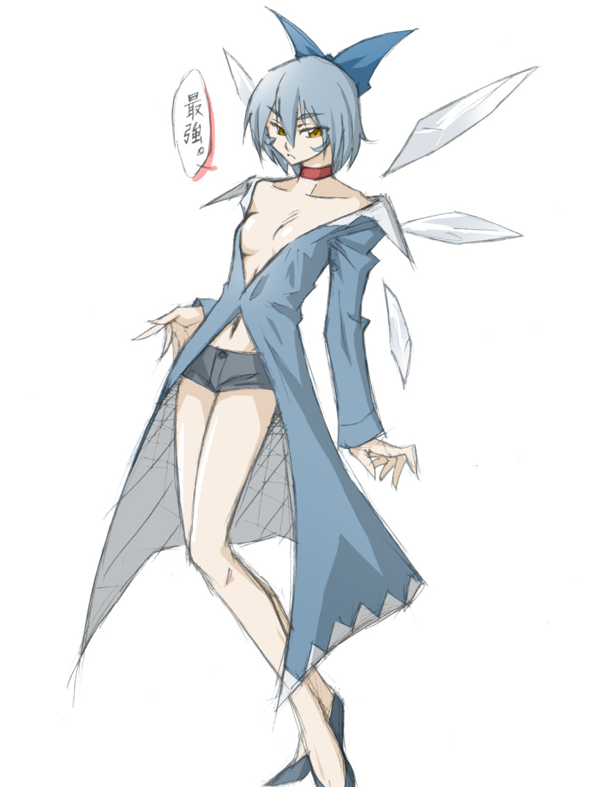 adapted_costume adult blue_hair bow breasts brown_eyes choker cirno cleavage hair_bow highres legs navel open_clothes rough sannomiya short_hair shorts solo touhou wings