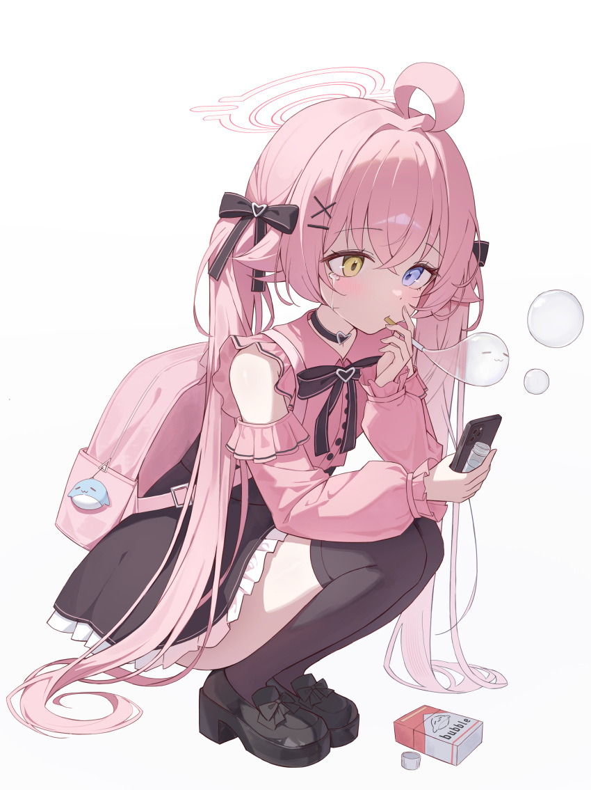 1girl absurdres ahoge alternate_costume backpack bag black_bow black_bowtie black_choker black_shoes black_skirt black_thighhighs block_heels blowing_bubbles blue_archive blue_eyes bottle bow bowtie box cellphone choker commentary_request crying crying_with_eyes_open detached_sleeves dlrkdals070707 frilled_shirt frilled_skirt frilled_sleeves frills from_side full_body hair_ornament hairclip halo heterochromia highres holding holding_bottle holding_phone hoshino_(blue_archive) jirai_kei korean_commentary long_hair long_sleeves miniskirt phone pink_bag pink_hair pink_halo pink_shirt pink_sleeves pretend_cigarette school_uniform shadow shirt shoes simple_background skirt sleeveless sleeveless_shirt smartphone solo squatting straight_hair tears thigh-highs very_long_hair white_background x_hair_ornament yellow_eyes