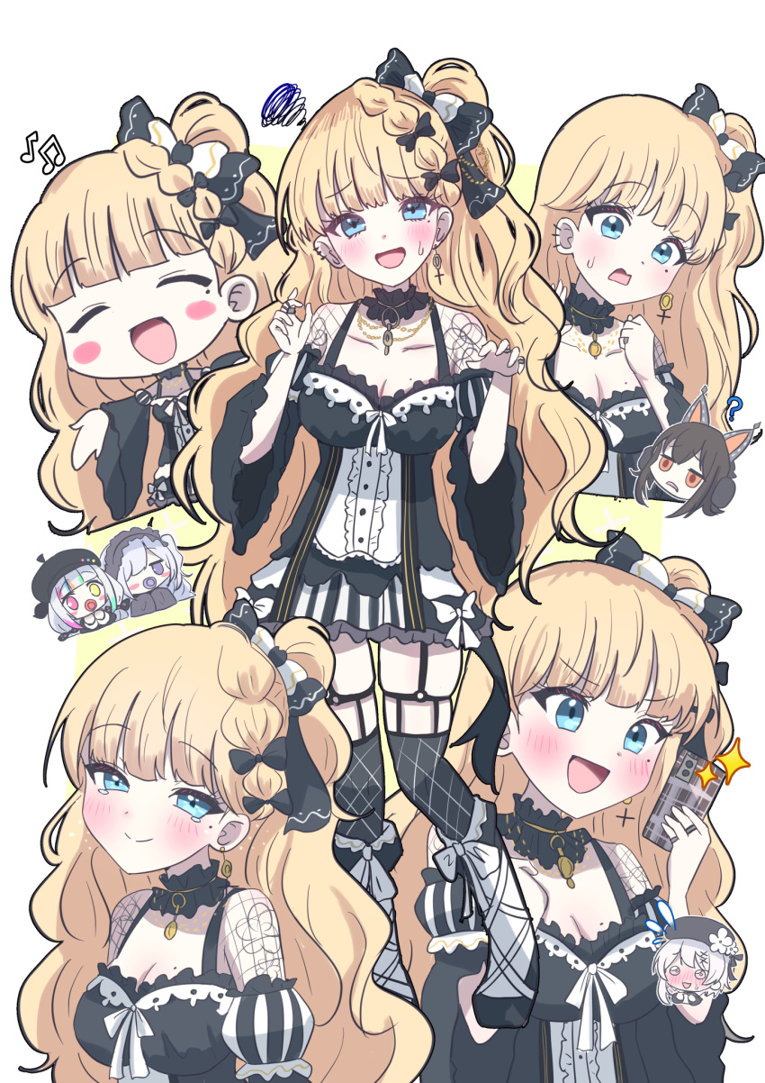 5girls :d arm_tattoo black_choker black_dress black_thighhighs blonde_hair blue_eyes blush_stickers bow braid cellphone center_frills choker closed_eyes closed_mouth collarbone commentary_request cross cross_earrings dress earrings fishnet_sleeves fishnets frilled_choker frilled_dress frilled_skirt frilled_sleeves frills garter_belt giorgio_(yo_sumire_sola1) hair_bow highres holding holding_phone jewelry jogasaki_noah long_hair long_sleeves looking_at_viewer mahou_shoujo_no_majo_saiban mole mole_under_eye multiple_girls multiple_views natsume_an-an nervous_sweating open_mouth phone saeki_miria sakuraba_ema sawatari_coco skirt smartphone smile sparkle squiggle sweat tattoo thigh-highs wide_sleeves
