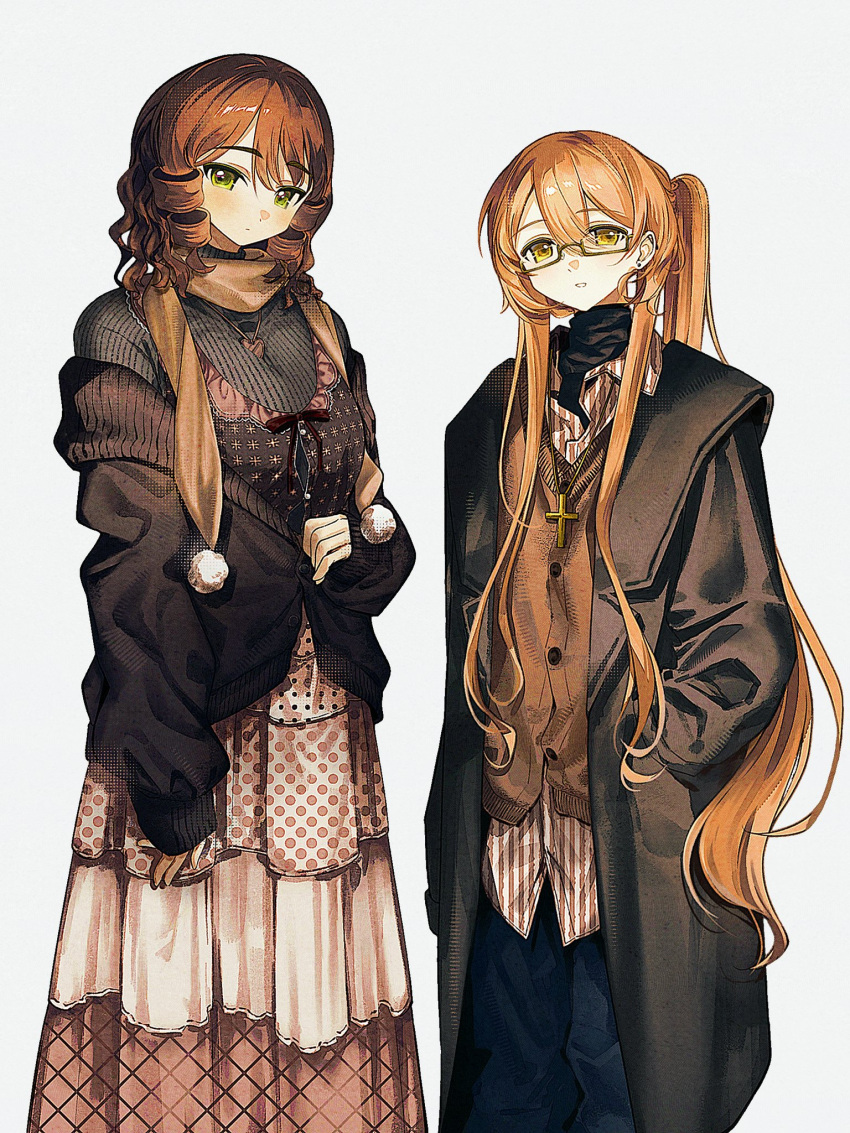 1boy 1girl :| androgynous baggy_pants barbell_piercing blonde_hair blue_pants bow_camisole breasts brown_cardigan brown_coat brown_hair brown_scarf buttons camisole camisole_over_clothes cardigan cardigan_partially_removed closed_mouth coat commentary_request cowboy_shot degrees_of_lewdity dot_nose double-parted_bangs ear_piercing earrings frilled_camisole frills green_eyes hahqnbxhevcyrsj hair_between_eyes hand_in_pocket heart heart_necklace highres industrial_piercing jewelry large_breasts layered_clothes long_hair long_sidelocks long_skirt looking_at_viewer medium_hair necklace nose_pads oc_x_canon open_clothes open_coat open_collar orange_cardigan original pants parted_lips piercing pink_skirt player_character_(degrees_of_lewdity) player_character_(female)_(degrees_of_lewdity) polka_dot polka_dot_skirt pom_pom_scarf ponytail red_ribbon ribbon ringlets scarf semi-rimless_eyewear shirt sidelocks simple_background skirt sleeves_past_wrists smile striped_clothes striped_shirt stud_earrings sweater sydney_(degrees_of_lewdity) sydney_(male)_(degrees_of_lewdity) tiered_skirt turtleneck turtleneck_sweater under-rim_eyewear untucked_shirt very_long_hair very_long_sidelocks yellow-framed_eyewear yellow_eyes