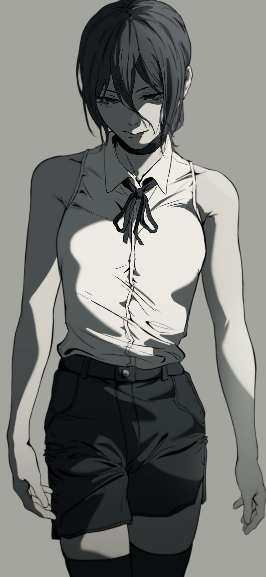 1girl absurdres black_choker black_ribbon black_shorts black_thighhighs chainsaw_man choker closed_mouth grenade_pin grey_background hair_between_eyes highres kaorunnrunn1904 neck_ribbon reze_(chainsaw_man) ribbon shirt short_hair shorts simple_background sleeveless sleeveless_shirt solo thigh-highs white_shirt