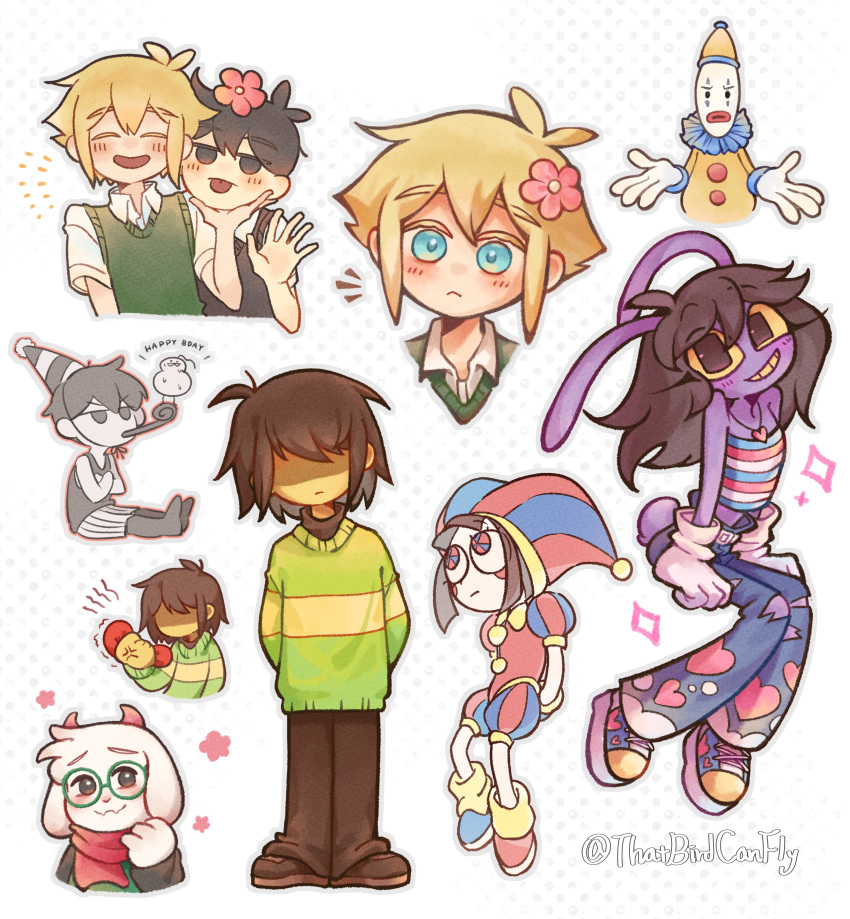 1other 2girls 5boys :p absurdres androgynous animal_ears antenna_hair artist_name basil_(faraway)_(omori) basil_(omori) black_eyes black_hair blonde_hair blue_eyes blush brown_hair brown_pants brown_shoes closed_eyes closed_mouth clown collared_shirt colored_sclera colored_skin colored_teeth commentary deltarune double-parted_bangs flower furry furry_male glasses green-framed_eyewear green_sweater green_sweater_vest grin hair_between_eyes hair_flower hair_ornament happy_birthday hat highres horns invisible_floor jax_(female)_(the_amazing_digital_circus) jax_(the_amazing_digital_circus) jester_cap kaufmo_(the_amazing_digital_circus) kris_(deltarune) long_sleeves looking_at_viewer multiple_boys multiple_girls no_eyes omori omori_(omori) open_mouth pants pink_scarf pomni_(the_amazing_digital_circus) ralsei red_eyes red_soul_(utdr) round_eyewear scarf shaded_face shirt shoes short_sleeves sidelocks sitting smile soul_(utdr) standing sunny_(omori) sweater sweater_vest thatbirdcanfly the_amazing_digital_circus tongue tongue_out twitter_username untranslatable_commentary utdr_(toby_fox) white_shirt white_skin yellow_sclera yellow_skin yellow_teeth