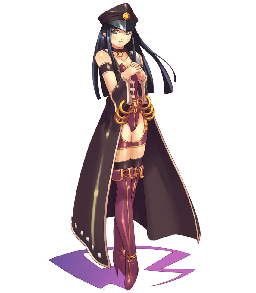 bangs black_hair blue_eyes blunt_bangs blush boots bracelet choker collarbone crossed_legs detached_sleeves elf flat_chest hands_clasped hat high_heels highres hirano_katsuyuki jewelry leotard long_hair military military_uniform official_art open_clothes peaked_cap pointy_ears purple_legwear sekir shadow shoes simple_background sitting smile solo spectral_souls standing thigh_boots thighhighs trench_coat uniform zettai_ryouiki