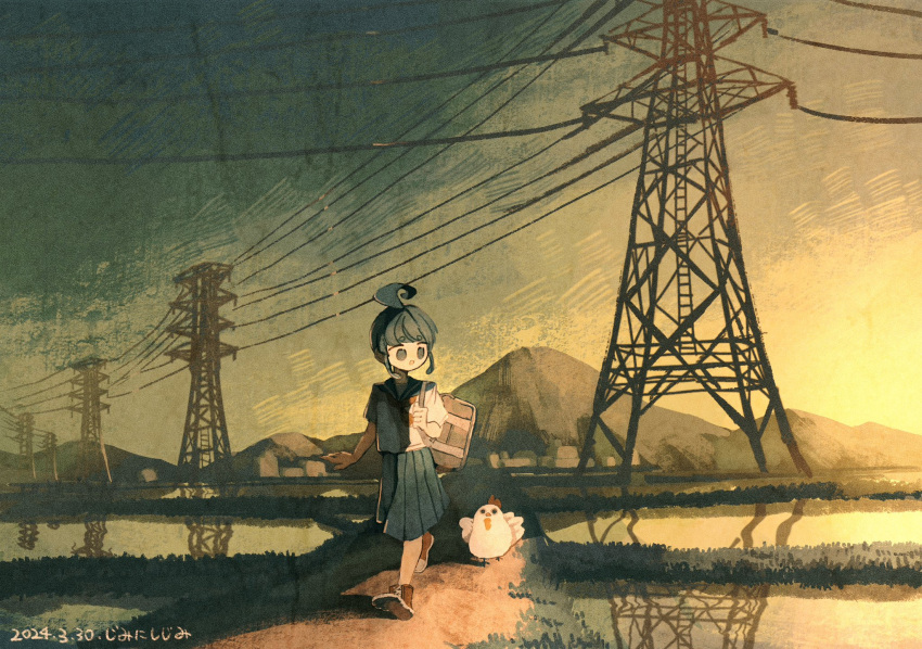 1girl 2024 ahoge ahoge_girl_(jimini_shijimi) bag bird black_sky building chicken commentary_request converse dated gradient_sky highres hill holding holding_bag jimini_shijimi landscape looking_down neckerchief no_pupils orange_neckerchief orange_sky original outdoors pleated_skirt power_lines reflection reflective_liquid rural sailor_collar scenery school_bag school_uniform serafuku shirt shoes short_hair short_sleeves sidelocks skirt sky solo sunrise translation_request transmission_tower walking white_shirt wide_shot