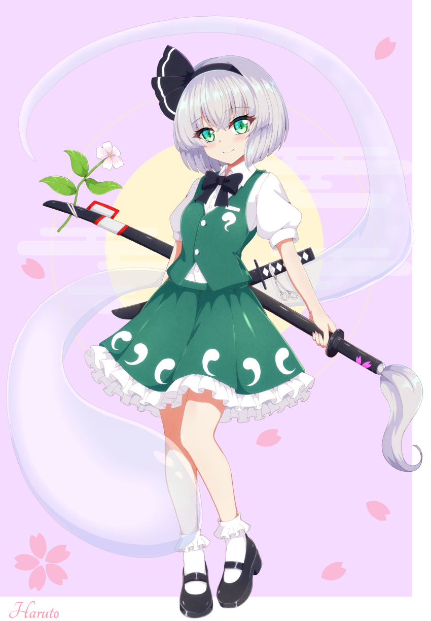 1girl artist_name black_bow black_bowtie black_hairband black_shoes border bow bowtie collared_shirt commentary_request falling_petals flower frilled_skirt frills full_body green_eyes green_skirt green_vest grey_hair hairband highres hitodama holding holding_sword holding_weapon katana konpaku_youmu konpaku_youmu_(ghost) looking_at_viewer mary_janes outside_border petals pink_background pink_flower pink_petals print_skirt print_vest seo_haruto sheath sheathed shirt shoes skirt skirt_set socks solo sword touhou vest weapon white_border white_shirt white_socks