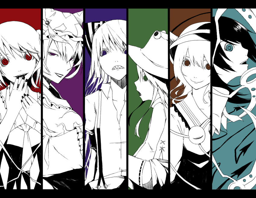 blue_eyes bow brown_eyes column_lineup flandre_scarlet fujiwara_no_mokou green_eyes hair_bow hat houjuu_nue komeiji_koishi long_hair looking_at_viewer moriya_suwako multiple_girls nail_polish purple_eyes red_eyes sharp_teeth shiro_negi short_hair smile spot_color third_eye touhou wings yakumo_ran