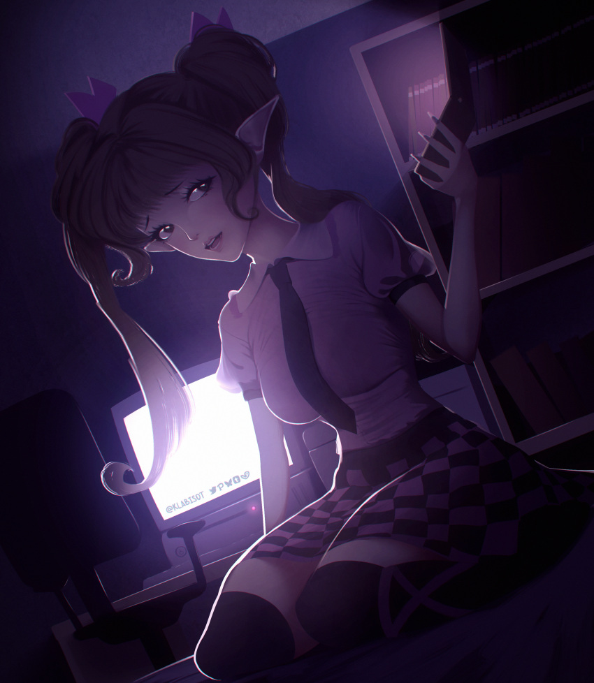 1girl absurdres black_necktie black_skirt black_thighhighs bookshelf bow brown_hair cellphone chair checkered_clothes checkered_skirt commentary_request computer dark flip_phone hair_bow highres himekaidou_hatate holding holding_phone klabisot lipstick long_hair looking_at_viewer makeup missing_headwear monitor multicolored_skirt multiple_hair_bows necktie open_mouth phone pointy_ears purple_bow purple_shirt purple_skirt shirt short_sleeves sitting skirt solo thigh-highs touhou twitter_username