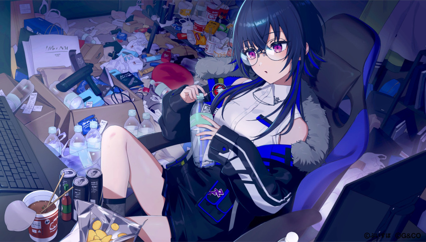 1girl bag bare_shoulders black_hair black_jacket blue_hair blue_jacket bottle box breasts can cardboard_box chair chips_(food) collared_shirt commentary company_name computer_keyboard copyright_name copyright_notice empty_bottle energy_drink food fur-trimmed_jacket fur_trim gaming_chair glasses grey_socks highres holding holding_bottle ichinose_uruha ichinose_uruha_(4th_costume) indoors instant_cup_noodles instant_noodles jacket jacket_partially_removed knee_up kuukai_(adexi) long_hair messy_room multicolored_hair off_shoulder official_art on_chair parted_lips plastic_bag potato_chips shirt sitting sleeveless sleeveless_shirt socks solo streaked_hair swivel_chair trash two-sided_fabric two-sided_jacket violet_eyes virtual_youtuber vspo! water_bottle white_shirt wolf_cut xross_stars