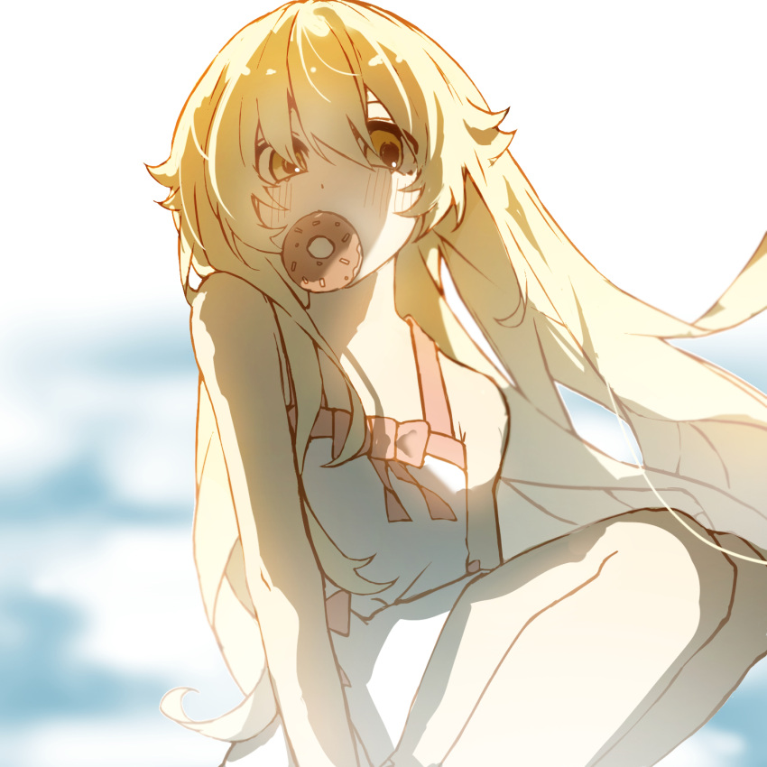 1girl bare_shoulders blonde_hair blush commentary doughnut dress food food_in_mouth highres long_hair monogatari_(series) oshino_shinobu sasaki_aka sitting sunlight very_long_hair water white_dress yellow_eyes