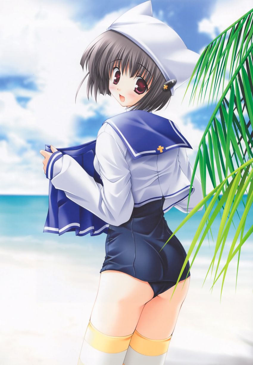 ass black_hair hat highres holding_skirt ikegami_akane looking_back no_pants red_eyes school_swimsuit short_hair solo swimsuit swimsuit_under_clothes thighhighs