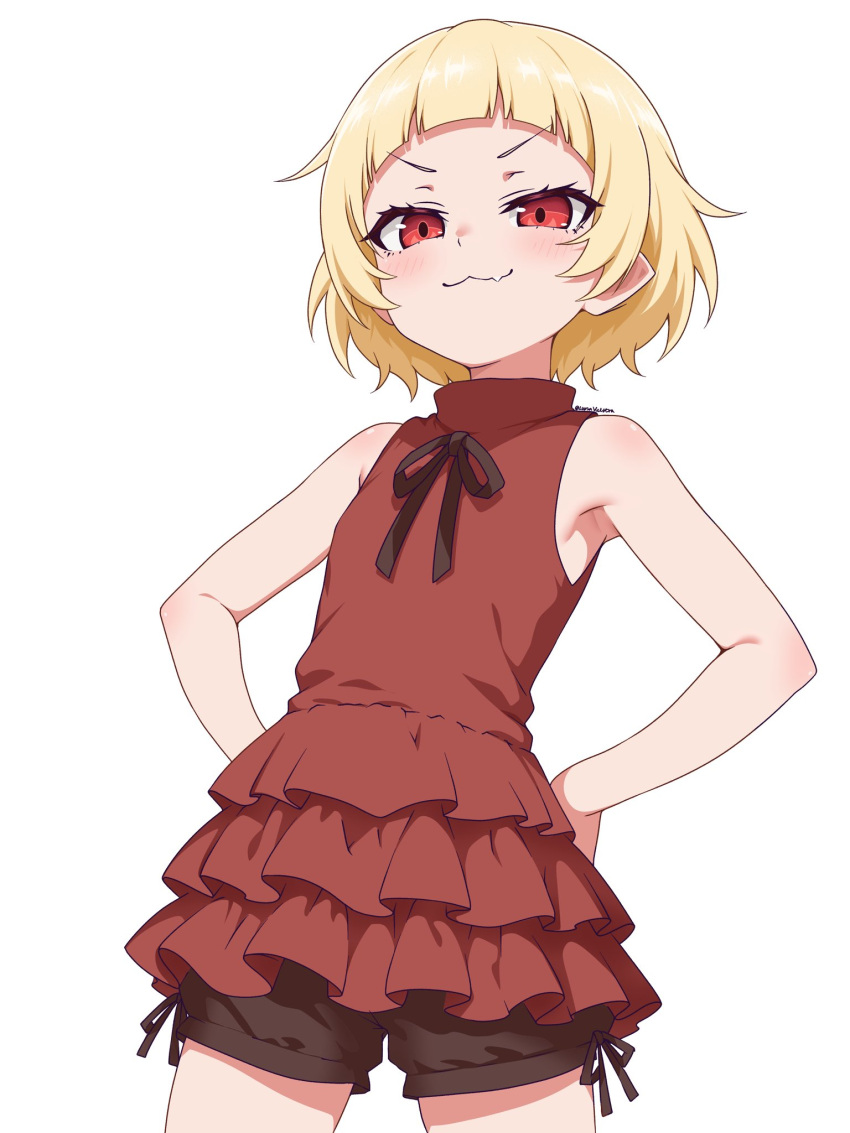1girl :3 bare_shoulders black_ribbon black_shorts blonde_hair blunt_bangs blush brown_shorts closed_mouth cowboy_shot dress fang fang_out frilled_dress frills hands_on_own_hips highres looking_at_viewer luna_velstra monogatari_(series) oshino_shinobu red_dress red_eyes ribbon short_hair short_shorts shorts simple_background skin_fang sleeveless sleeveless_dress smile smug solo v-shaped_eyebrows white_background
