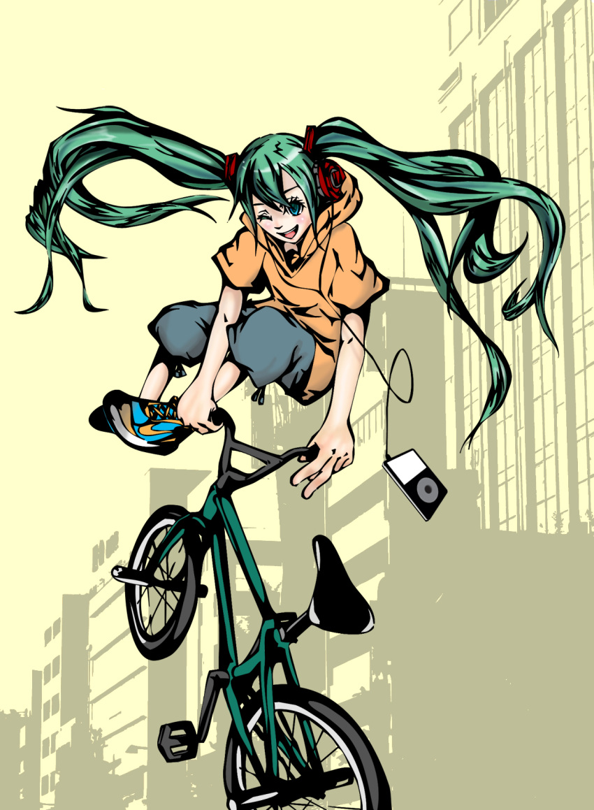 bicycle digital_media_player hatsune_miku headphones highres hoodie ipod long_hair mp3_player shoes smile sneakers twintails very_long_hair vocaloid wink