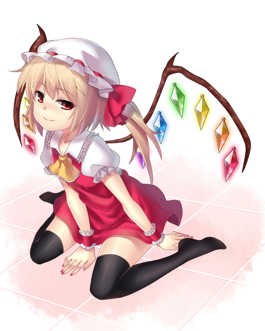 blonde_hair flandre_scarlet floor hat highres nail_polish ponytail red_eyes short_hair side_ponytail sitting solo the_embodiment_of_scarlet_devil thigh-highs thighhighs touhou wariza wings wrist_cuffs