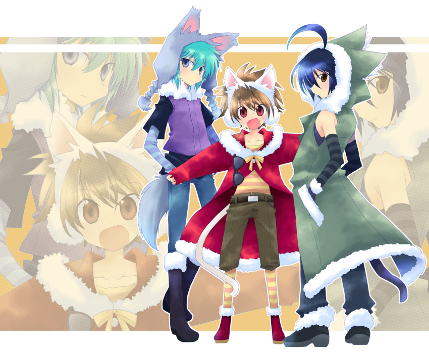 3boys animal_ears bakugan bakugan_battle_brawlers belt black_hair brown_eyes brown_hair cat_ears coat fingerless_gloves gloves green_hair grey_eyes highres kazami_shun kuusou_danma male_focus multiple_boys ribbon shiu_kazuki sunglasses tail yellow_eyes