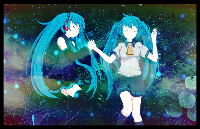 2girls aqua_hair bare_shoulders boots closed_eyes detached_sleeves eyes_closed hair_ornament hand_holding hatsune_miku headset holding_hands kneehighs long_hair lying miniskirt multiple_girls necktie on_back on_side pleated_skirt school_uniform serafuku skirt smile technoheart thigh_boots thighhighs twintails very_long_hair vocaloid