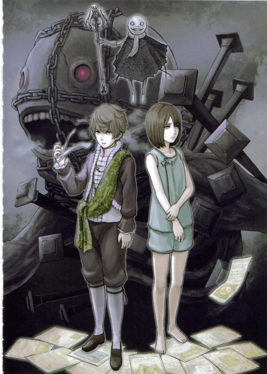 bandage barefoot brown_eyes brown_hair chain chains dual_persona emil_(nier) emil_(no.7) halua highres nier no._7_(nier) official_art paper purple_eyes scan short_hair siblings standing violet_eyes