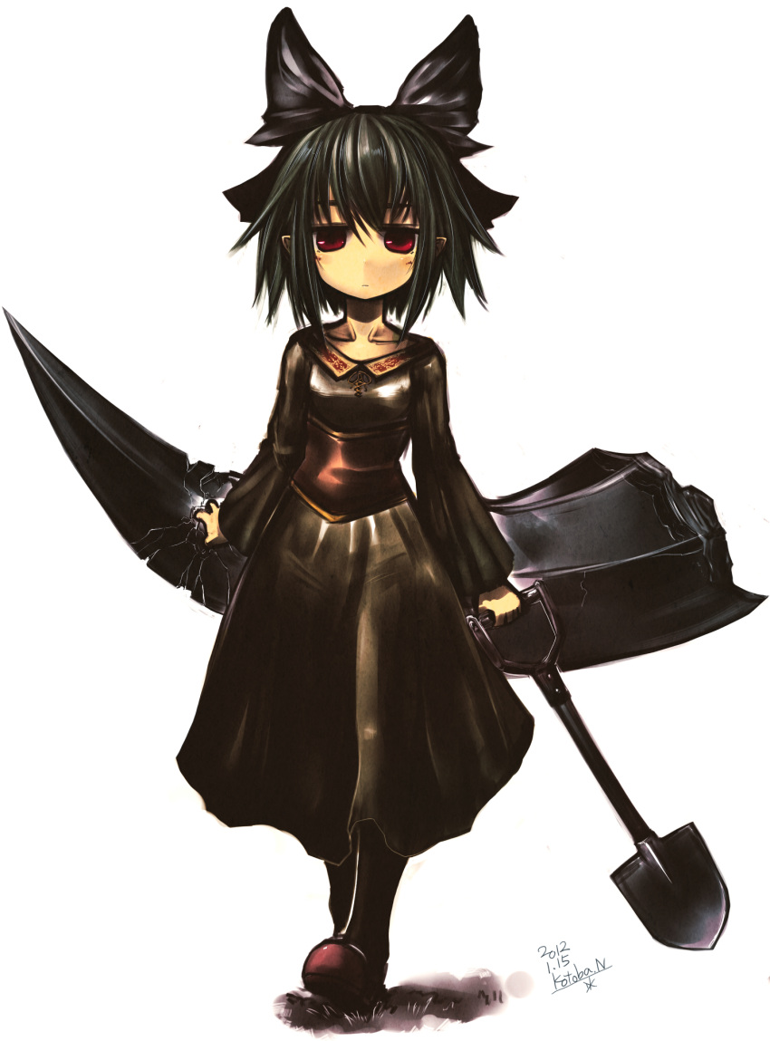 :| black_hair black_legwear bow collarbone crack cracks dated dress hair_bow highres kotoba_noriaki large_bow loafers looking_at_viewer original pointy_ears red_eyes shoes short_hair shovel signature simple_background solo thigh-highs thighhighs white_background worktool