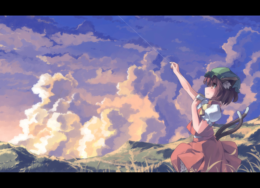 animal_ears blush bow brown_eyes brown_hair cat_ears cat_tail chen cloud hat kite letterboxed mountain multiple_tails nodata short_hair skirt smile solo string tail touhou