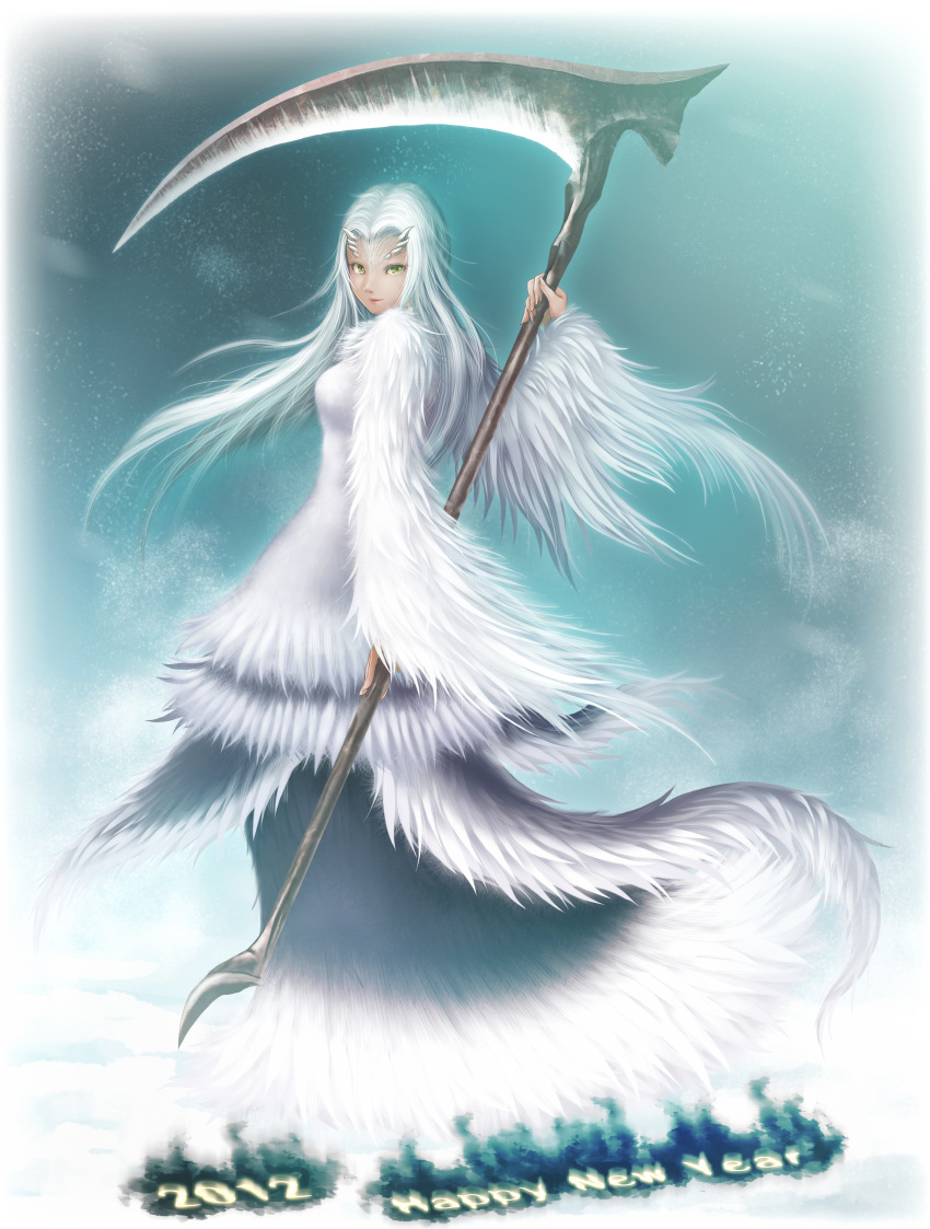:3 absurdres crossbreed_priscilla dark_souls highres horns long_hair new_year priscilla_the_crossbreed revision scythe solo sumi_no_hito white_hair