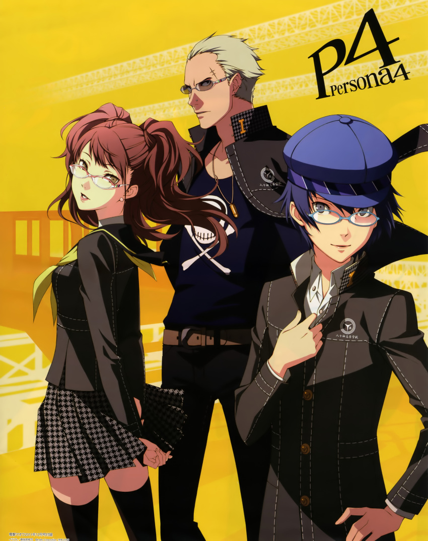 2girls absurdres androgynous arms_behind_back black_legwear blue_eyes blue_hair brown_eyes cabbie_hat ear_piercing earrings glasses grey_hair hand_on_hip hat highres hips jacket jewelry kujikawa_rise long_hair looking_back multiple_girls necklace official_art open_clothes open_jacket persona persona_4 piercing red_hair redhead reverse_trap scar school_uniform shirogane_naoto short_hair skirt smile soejima_shigenori tatsumi_kanji thigh-highs thighhighs tomboy twintails