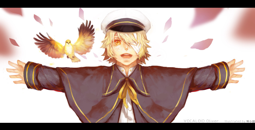 absurdres bandage_over_one_eye bird blonde_hair character_name hat highres incoming_hug letterboxed male missingcat318 oliver_(vocaloid) open_mouth outstretched_arms sailor sailor_hat short_hair vocaloid yellow_eyes