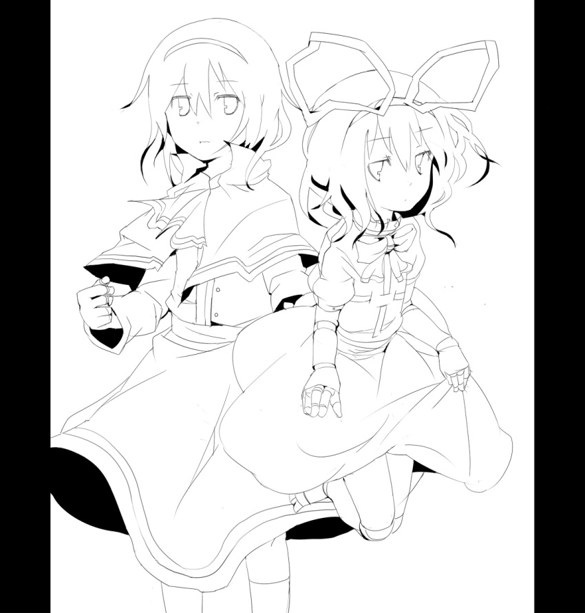 alice_margatroid doll_joints fuukadia_(narcolepsy) govurin highres lineart medicine_melancholy monochrome multiple_girls pillarboxed touhou