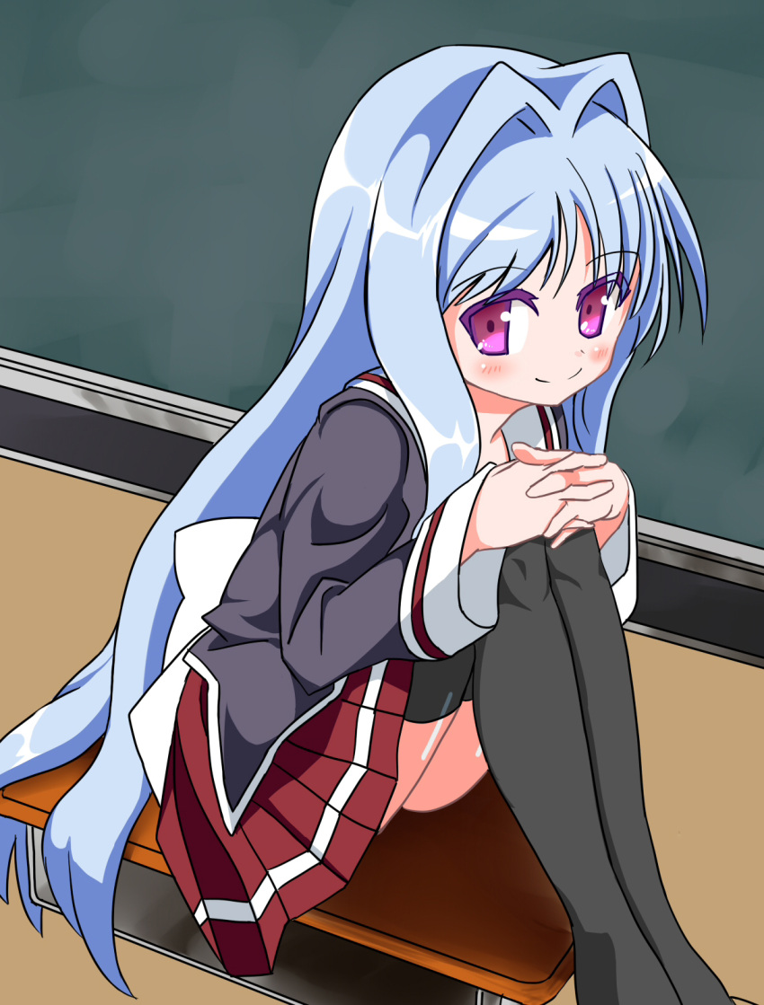 blue_hair cube_x_cursed_x_curious fear_kubrick highres long_hair mizukinanaaoiiro red_eyes school_uniform sitting smile thigh-highs thighhighs very_long_hair zettai_ryouiki