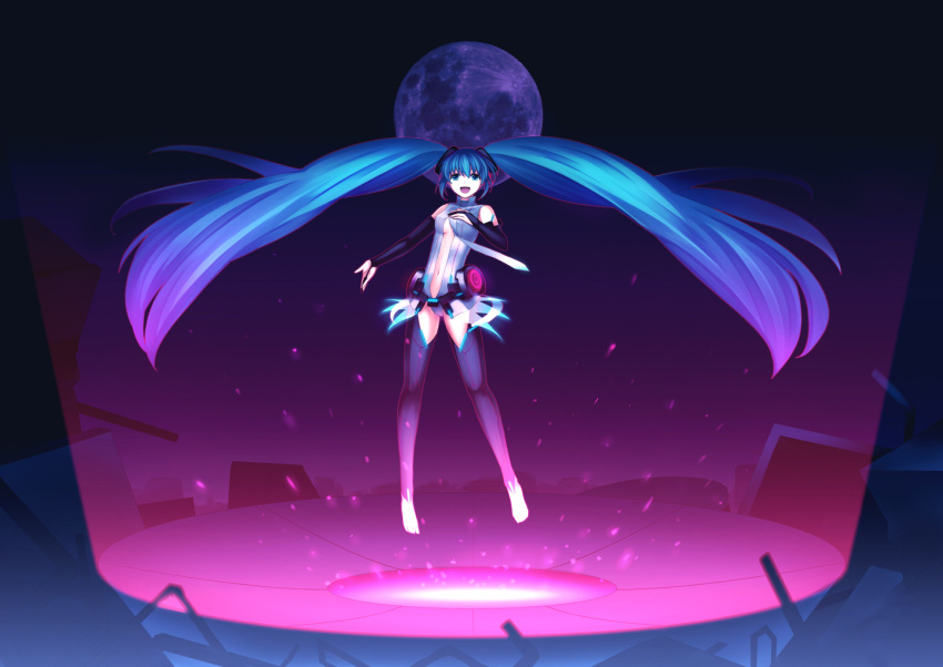 aqua_eyes aqua_hair bad_id barefoot full_moon hatsune_miku hatsune_miku_(append) highres long_hair miku_append moon open_mouth smile solo thigh-highs thighhighs twintails very_long_hair vocaloid vocaloid_append yomogi_komegura