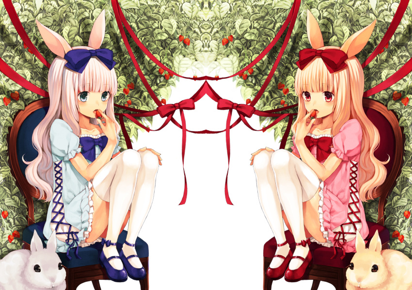 animal_ears blonde_hair blue_eyes bow bunny bunny_ears chair collarbone dress eating food frilled_dress frills fruit hair_bow highres holding holding_fruit holding_strawberry long_hair midorikawa_you multiple_girls open_mouth original pink_hair rabbit red_eyes ribbon sitting strawberry thigh-highs thighhighs white_legwear