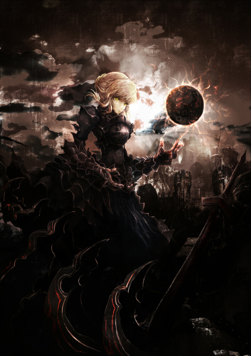 armor armored_dress blonde_hair castle dark_excalibur dress fate/stay_night fate_(series) hair_ribbon highres ribbon saber saber_alter solo sword usamax weapon yellow_eyes