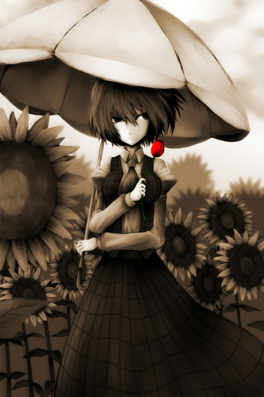 am24 breasts dress_shirt flower highres kazami_yuuka pale_color pale_colors parasol plaid shirt solo spot_color sunflower touhou umbrella youkai