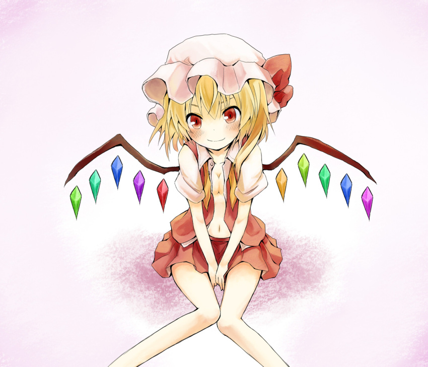 ascot between_legs blonde_hair blush bow breasts cleavage fang flandre_scarlet hand_between_legs hat highres knees_touching mugi_(banban53) navel open_clothes open_shirt red_eyes ribbon short_hair side_ponytail sitting skirt smile solo the_embodiment_of_scarlet_devil touhou wings