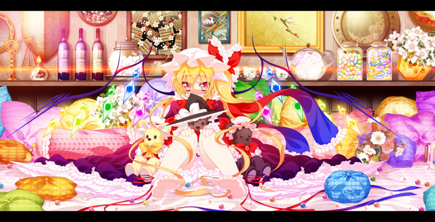 ankle_cuffs bare_legs barefoot bed blonde_hair bloomers blush bobby_socks bottle bow bowtie brooch candle character_doll cup dress flandre_scarlet flower footwear goriyaku hands_on_knees hat hat_bow jar jewelry kirisame_marisa letterboxed long_hair marble perfect_cherry_blossom picture_frame pillow red_eyes remilia_scarlet ribbon scale scarf scarft shield side_ponytail sitting socks solo stuffed_animal stuffed_toy teacup teapot teddy_bear the_embodiment_of_scarlet_devil touhou very_long_hair wings witch witch_hat wrist_cuffs