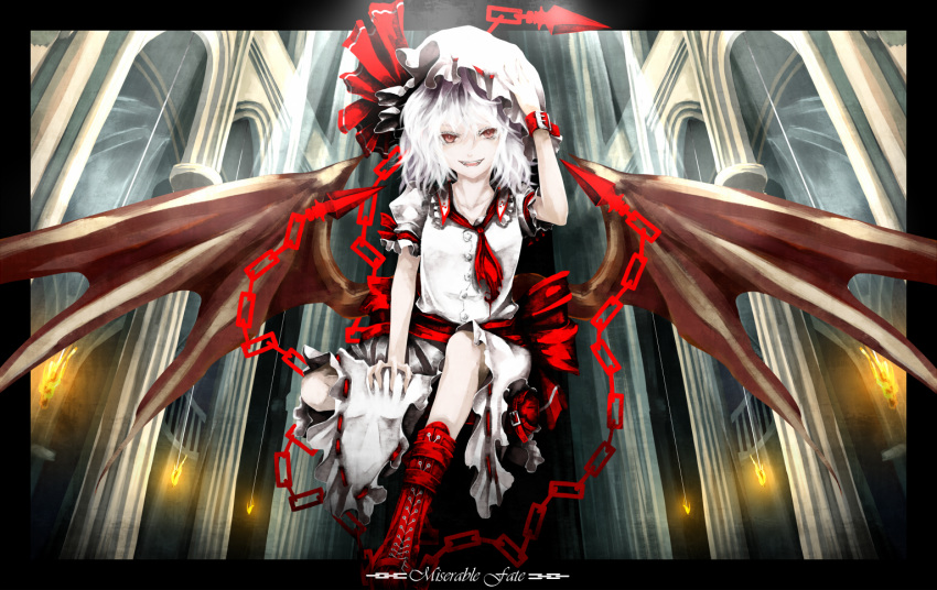 akihira_fujinohara arcade arm_up ascot bat_wings boots bow chain chains dress fangs frame hand_on_hat hat hat_bow hat_ribbon highres open_mouth pillar red_eyes remilia_scarlet ribbon sash short_hair silver_hair slit_pupils smile solo torch touhou white_dress wings wristband