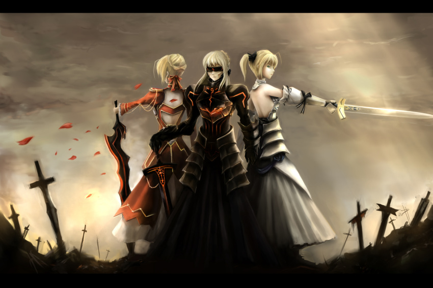 absurdres aestus_estus ahoge armor armored_dress back_cutout bare_shoulders blonde_hair bow dark_excalibur detached_sleeves dress dual_persona epaulettes excalibur fate/extra fate/stay_night fate/unlimited_codes fate_(series) field_of_blades gauntlets green_eyes hair_bow hair_ribbon hands_on_hilt highres letterboxed light_persona multiple_girls petals planted_sword planted_weapon pointing_sword ponytail ribbon saber saber_alter saber_extra saber_lily sunnyeternally sword visor visor_(armor) weapon