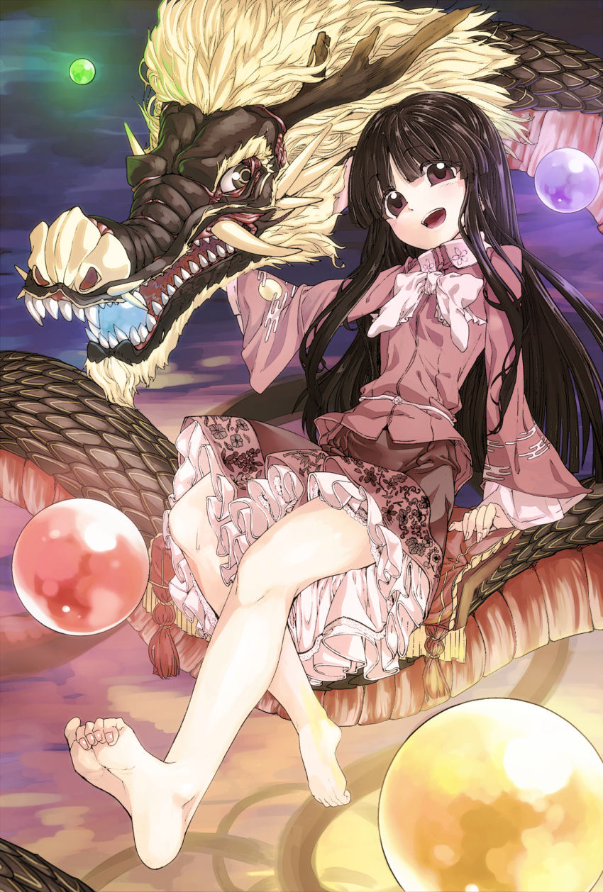 bad_feet bare_legs barefoot bow brown_eyes brown_hair dragon eastern_dragon egasumi embellished_costume fangs feet flat_chest floral_print gem geppewi glowing highres horns houraisan_kaguya long_hair night open_mouth pillow riding shirt sinker_(pixiv) sitting skirt sky smile soles solo toe_scrunch toenails toes touhou wide_sleeves