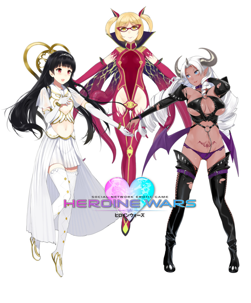 3girls :d black_hair boots bracelet breasts bridal_gauntlets cleavage copyright_name demon_horns demon_wings elbow_gloves english glasses gloves hand_on_own_chest heart heart_cutout heroine_wars highres horns jewelry lipstick long_hair low_wings makeup midriff mole multiple_girls navel open_mouth outstretched_arm outstretched_arms panties pointy_ears purple_panties sasamori_tomoe skirt smile tattoo thigh-highs thigh_boots tiara torn_clothes twintails under_boob underwear white_gloves white_legwear wings