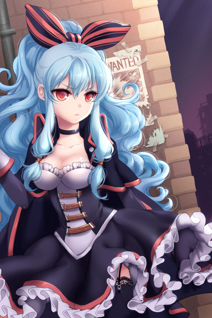 arm_up belt bittersweet_(dalcoms) black_legwear blue_hair bow breasts brick_wall cape choker cleavage cloak collarbone curly_hair dress frilled_dress frills frown garter_straps gloves hair_bow high_ponytail highres lace lace-trimmed_thighhighs linus_falco long_hair lowres night paper pipe ponytail poster_(object) red_eyes ribbon solo strap striped sword_girls thigh-highs thighhighs wanted