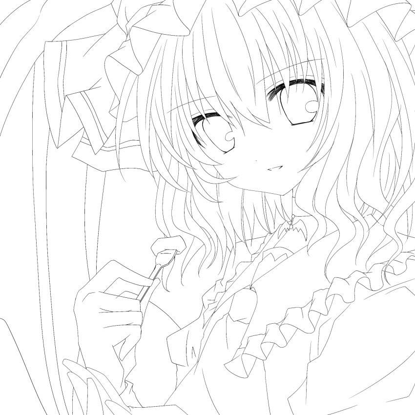 bad_id highres lineart looking_at_viewer monochrome nanase_nao remilia_scarlet solo touhou transparent_background