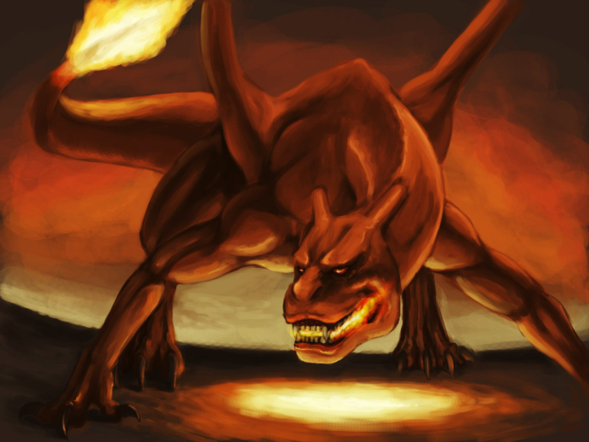 breathing_fire charizard dragon fire flame highres horns no_humans pokemon pokemon_(creature) red solo teku_(the3dempire)