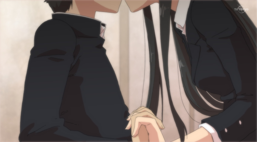 brand_name_imitation couple fake_screenshot female_protagonist_(houkago_play) head_out_of_frame highres houkago_play interlocked_fingers kiss long_hair male_protagonist_(houkago_play) maru_(314) profile school_uniform tv_tokyo