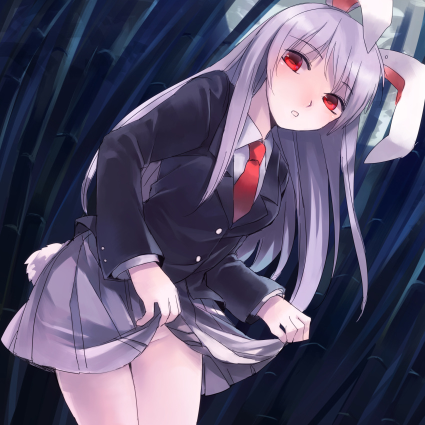 74_(teduka) animal_ears bamboo bamboo_forest blazer bunny_ears dress_shirt forest highres long_hair looking_at_viewer mound_of_venus nature necktie no_panties pleated_skirt reisen_udongein_inaba shirt skirt skirt_lift solo touhou