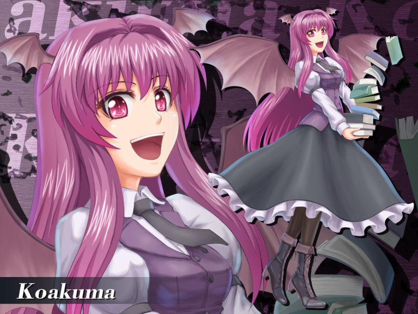 :d bat_wings black_legwear book book_stack boots buttons carrying character_name cross-laced_footwear dress_shirt dropping frills head_wings high_heels koakuma long_sleeves nazal necktie open_mouth pantyhose purple_eyes purple_hair red_eyes red_hair shirt shoes skirt smile the_embodiment_of_scarlet_devil touhou vest violet_eyes white_shirt wings zoom_layer