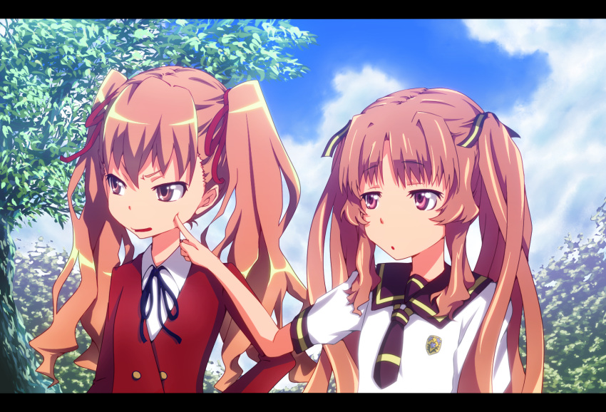 aisaka_taiga ano_natsu_de_matteru brown_eyes brown_hair cheek_poke company_connection creator_connection crossover highres letterboxed long_hair multiple_girls poking red_eyes school_uniform toradora! twintails xxxx yamano_remon