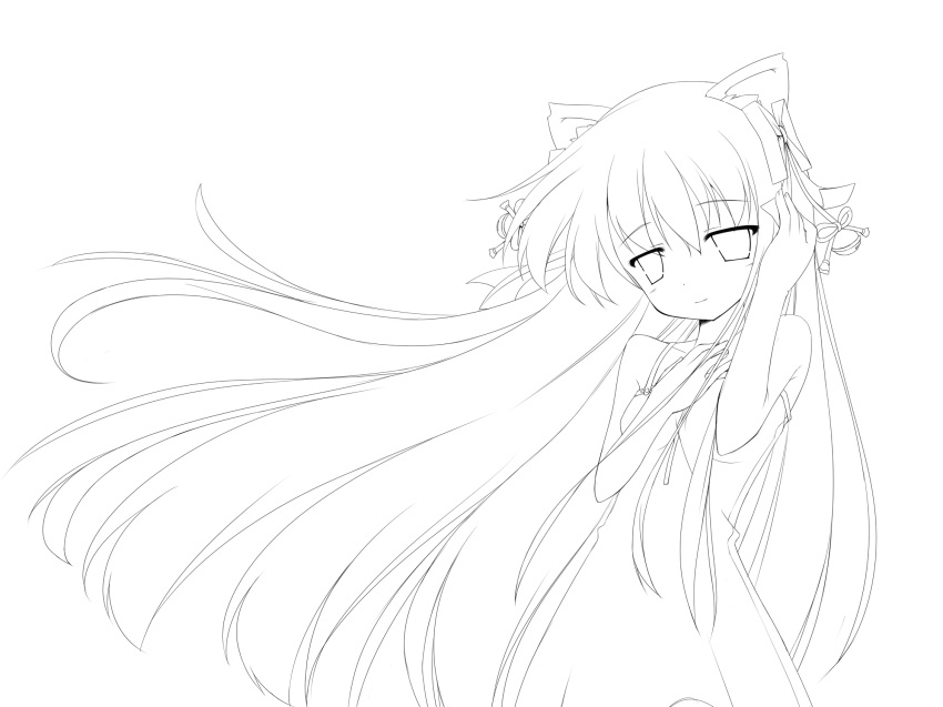 animal_ears bell copyright_request hand_on_own_chest highres lineart long_hair masaki_(machisora) monochrome ribbon smile solo very_long_hair