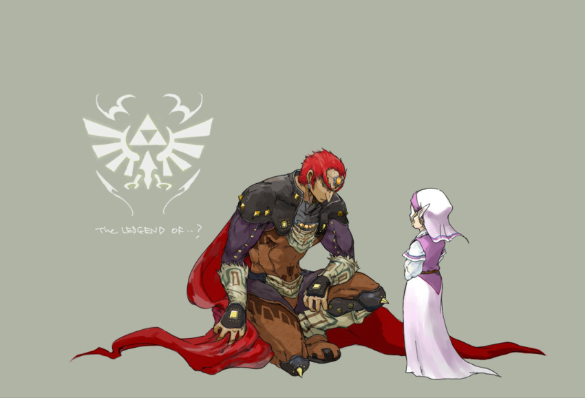 1boy 1girl armor blonde_hair cape child closed_eyes earrings eyes_closed ganondorf gloves grey_background hat jewelry kneeling nintendo ocarina_of_time pointy_ears princess_zelda red_hair redhead simple_background size_difference the_legend_of_zelda