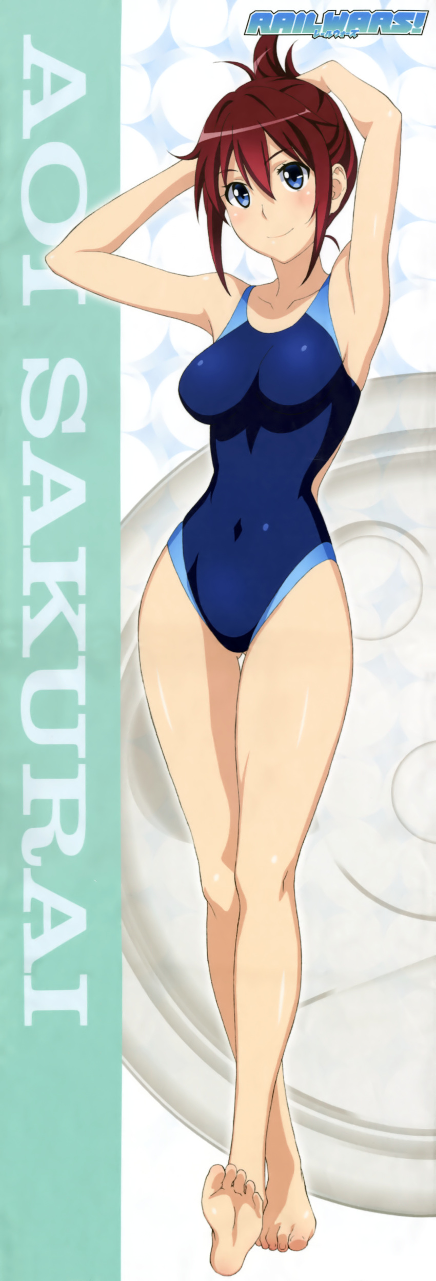 1girl absurdres armpits arms_up bare_legs barefoot blue_swimsuit breasts character_name collarbone competition_swimsuit covered_navel full_body highres large_breasts one-piece_swimsuit rail_wars! redhead sakurai_aoi scan smile solo swimsuit