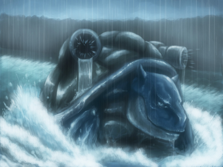 blastoise highres no_humans pokemon pokemon_(creature) rain realistic solo teku_(the3dempire) water